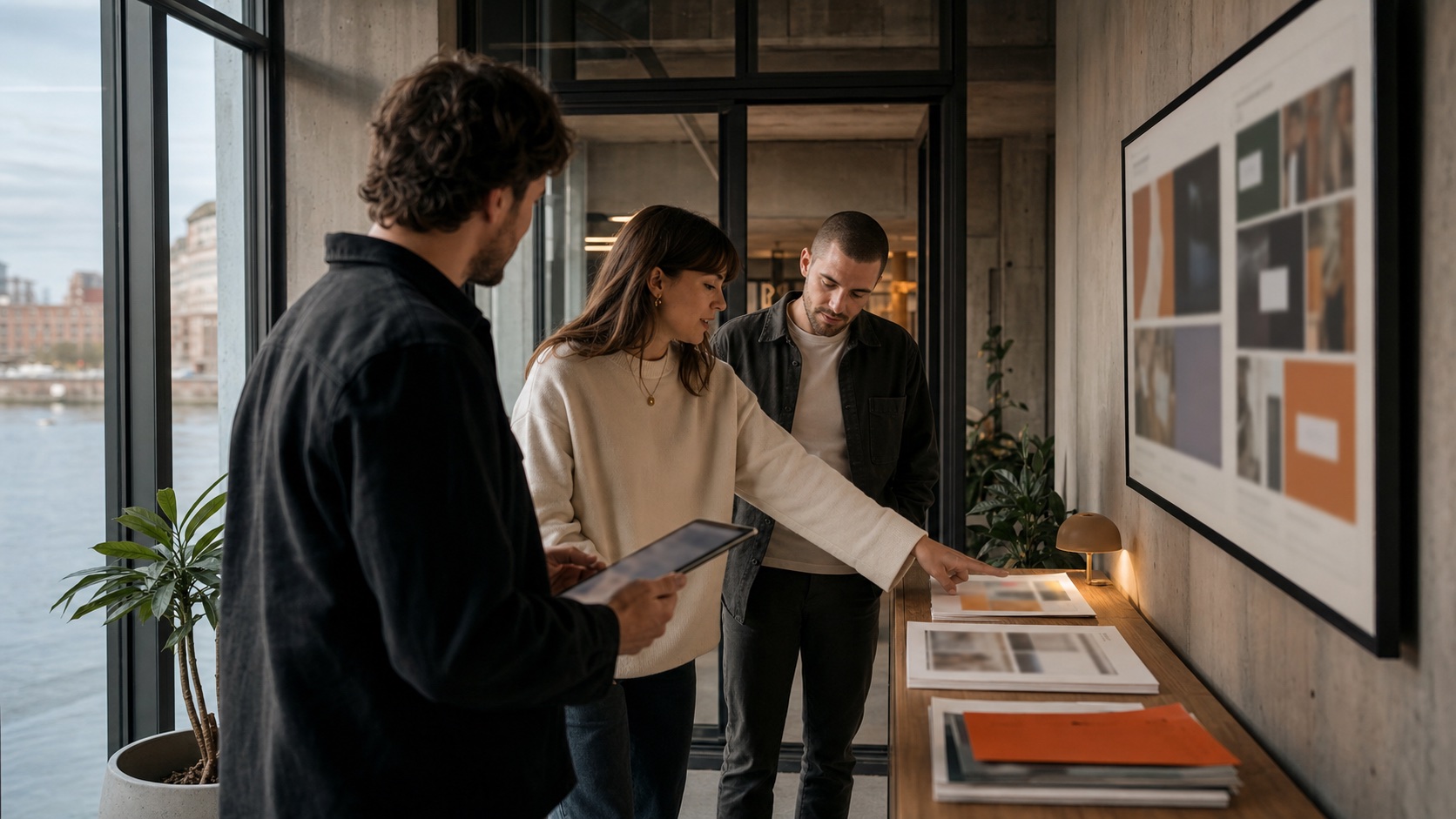 Startup team reviewing launch assets prepared inside Haba