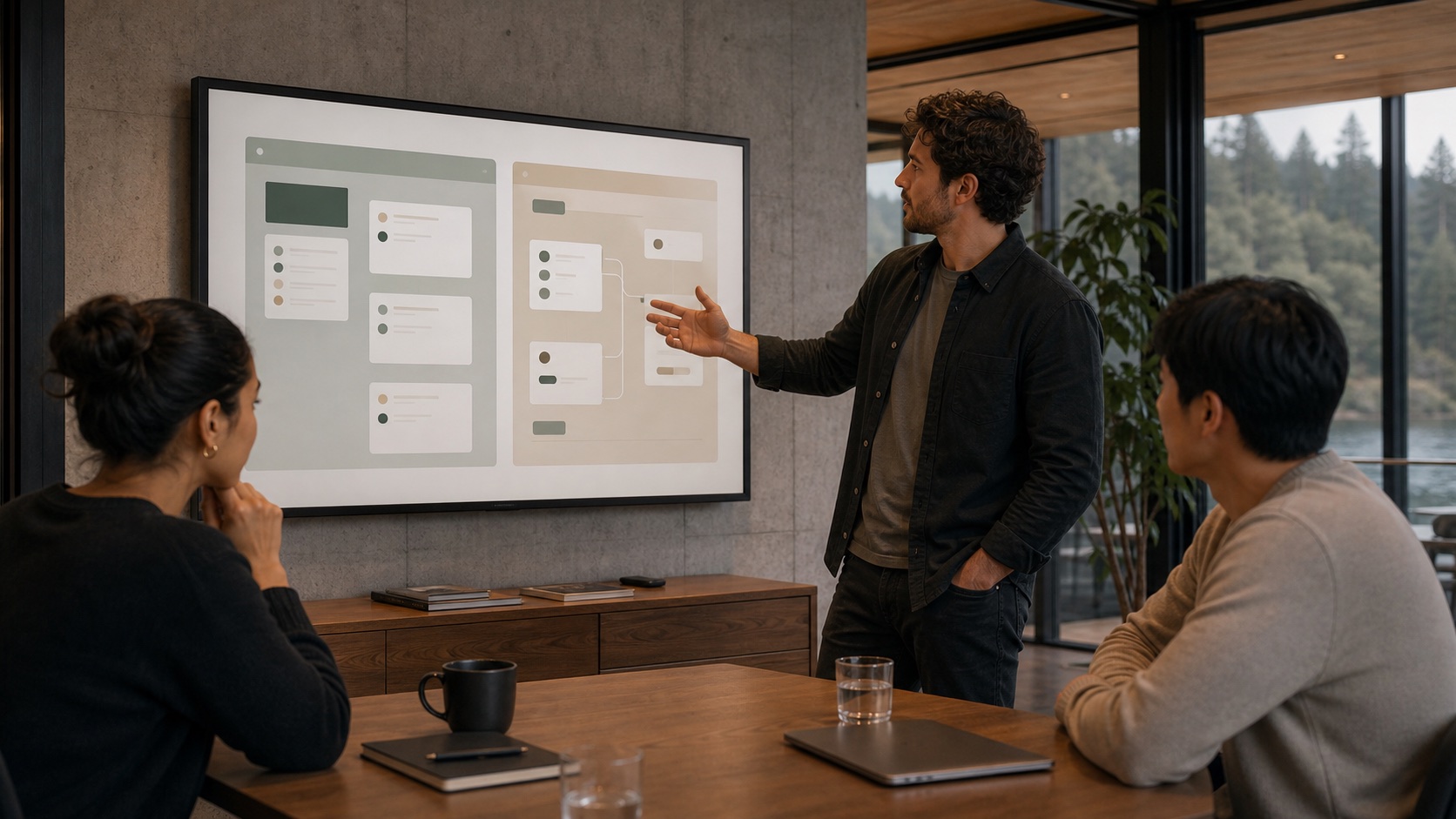 Team comparing an AI-employee helper flow with a company workflow in a demo room