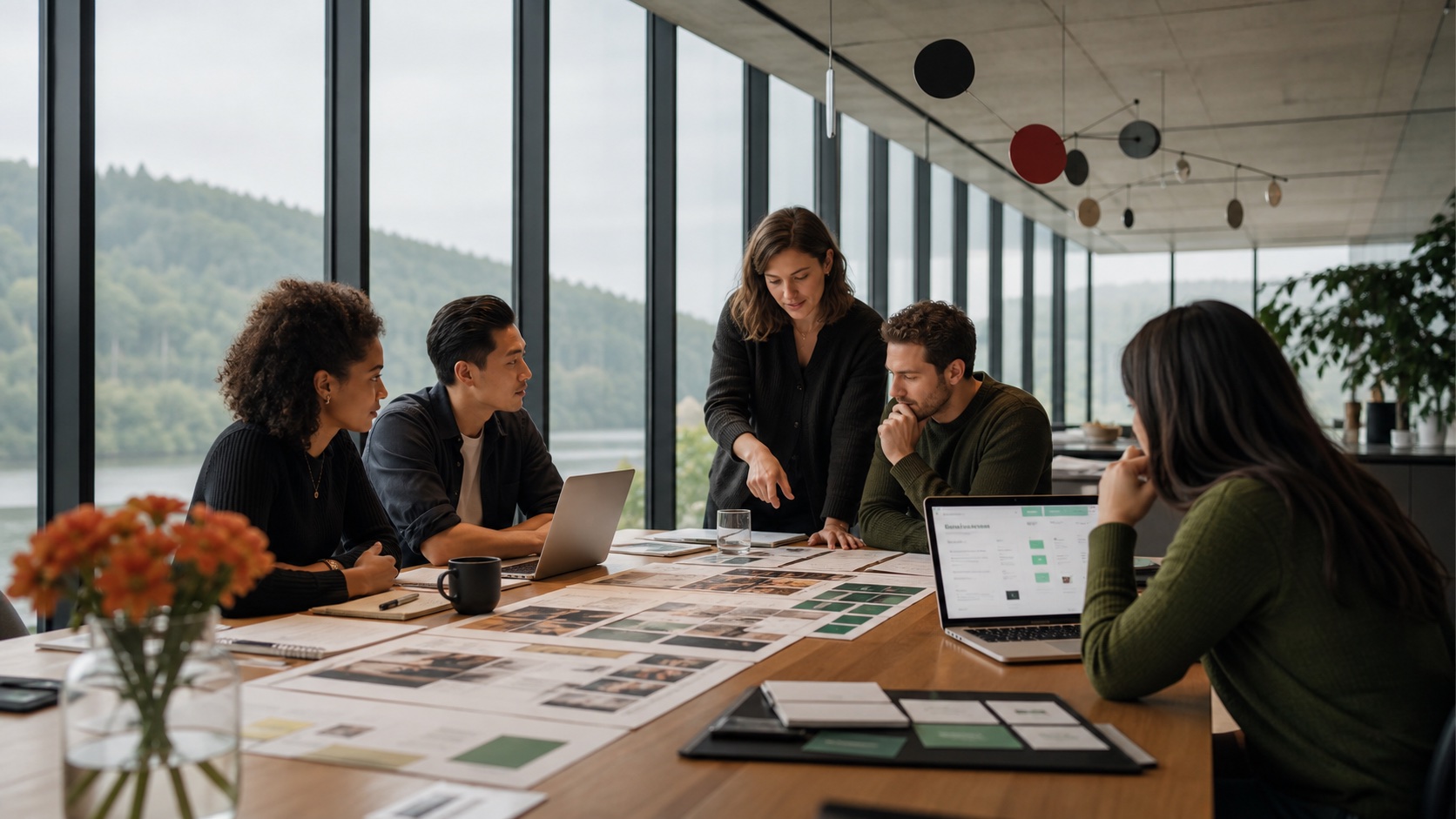 Startup team reviewing agentic AI work prepared from company context